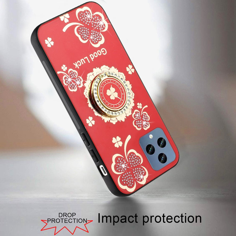 For Samsung Galaxy Z Fold 7 Diamonds 3D Fashion Floral Bling Sparkly Glitter Ornaments Engraving Hybrid with Ring Stand Case Cover Red Good Luck Floral