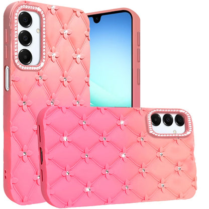 For Samsung Galaxy A17 5G Fashion Flower Design Sparkle Glitter Shimmer Rhinestone Bling Floral Accents, Leather Texture TPU Case Cover