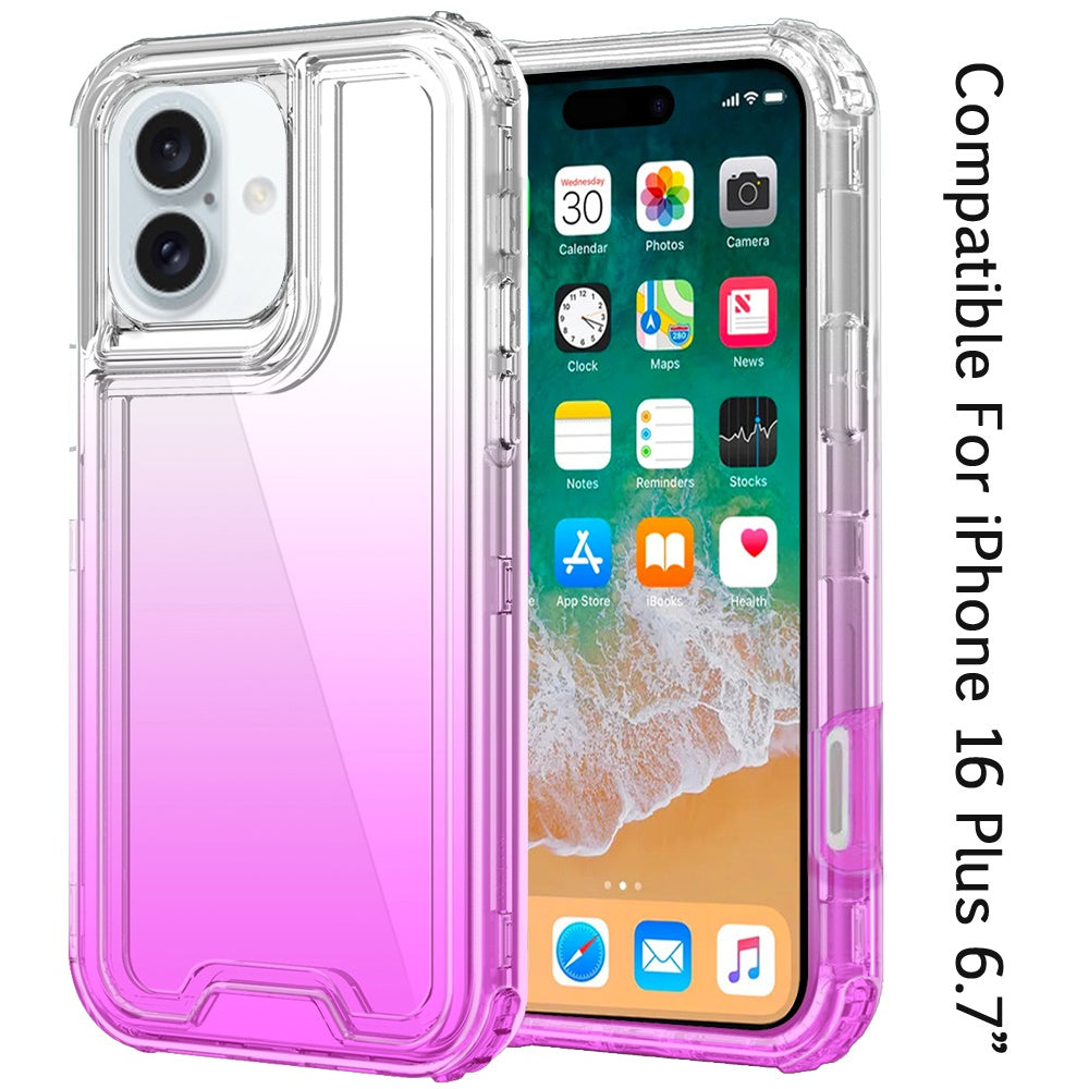 For Apple iPhone 16 Plus Hybrid 3-in-1 Clear Case - Two-Tone Transparent Shockproof TPU + Hard Protective Frame Case Cover Clear + Pink