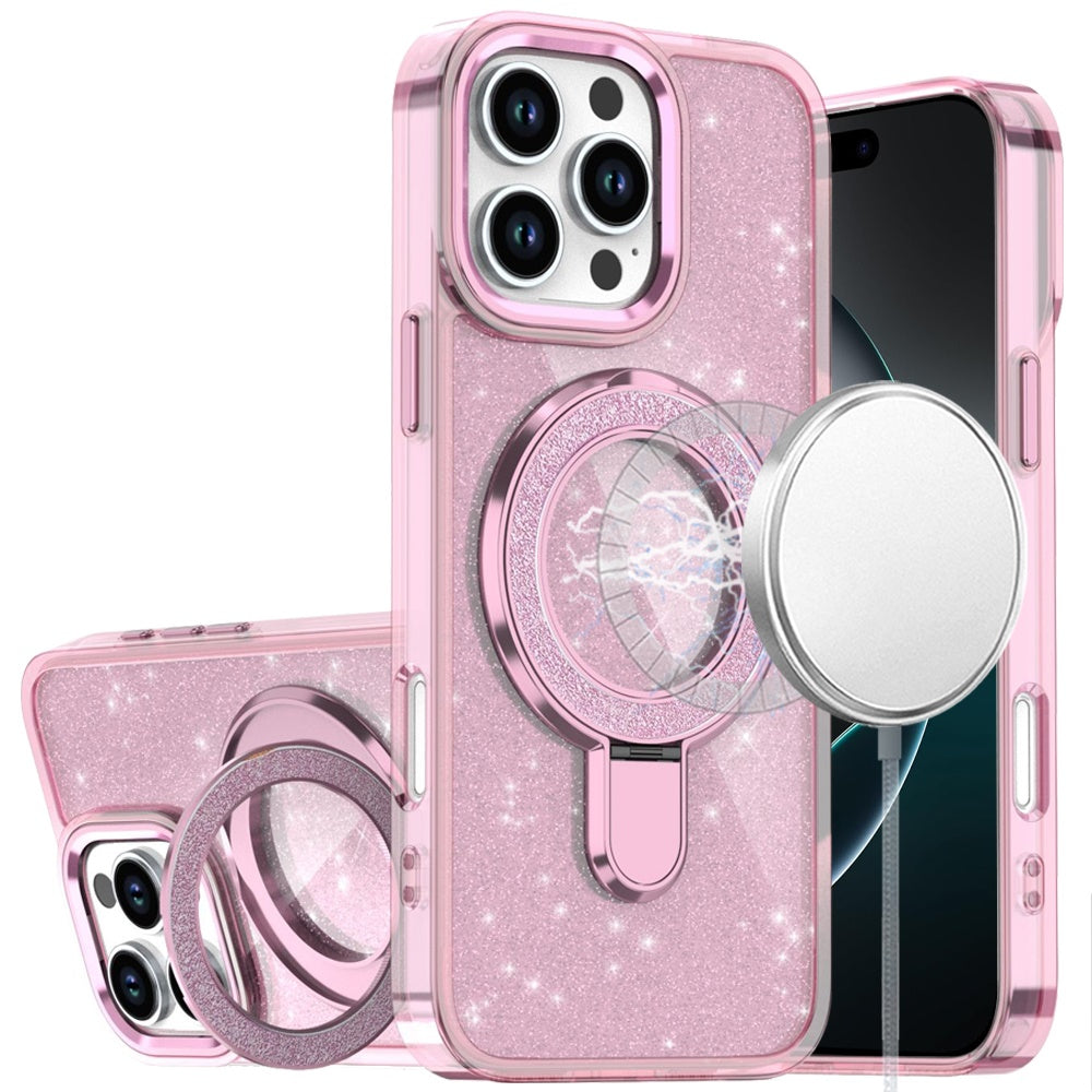 For iPhone 16 Pro Max (6.9") Transparent Glitter Bling Case with Rotating Magnetic Ring Stand, Shockproof Hybrid Protector Cosmic Orange