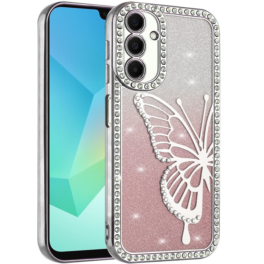 For Apple iPhone 16 (6.1") Butterfly Glitter Diamond Shimmer Hybrid Slim & Stylish Electroplated Sparkly Bling Shockproof TPU Protective Case Cover