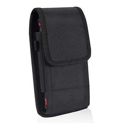 For Apple iPhone 16 Pro (6.3") Nylon Canvas Fabric Waist Belt Holster Vertical Pouch Holds Large Phone Works with Thick Cases Universal Cover [Black]