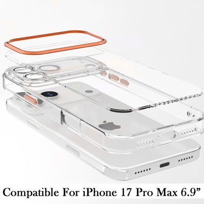 Phone Case for Apple iPhone 17 Pro Max (6.9") Transparent Clear Hybrid Metal Button Camera Guard Shockproof Gummy TPU Slim Protective Grip Cover Cosmic Orange