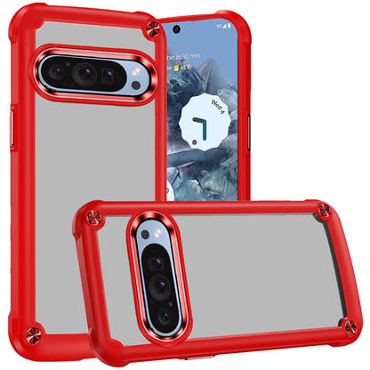 For Google Pixel 9 Pro XL Hybrid Transparent Rubber with Metal Buttons & Camera Edges Hard TPU Corner Frame Bumper Case Cover