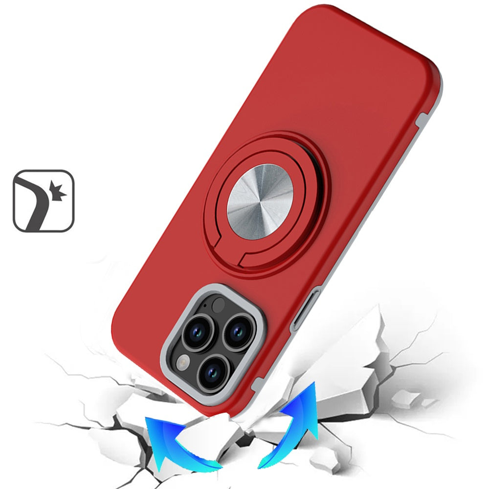 For Apple iPhone 13 Pro Metal Matte Hybrid with Invisible Rotational Ring Stand, Car Mount Friendly, Military Grade Slim Fit Sturdy Case Cover Red