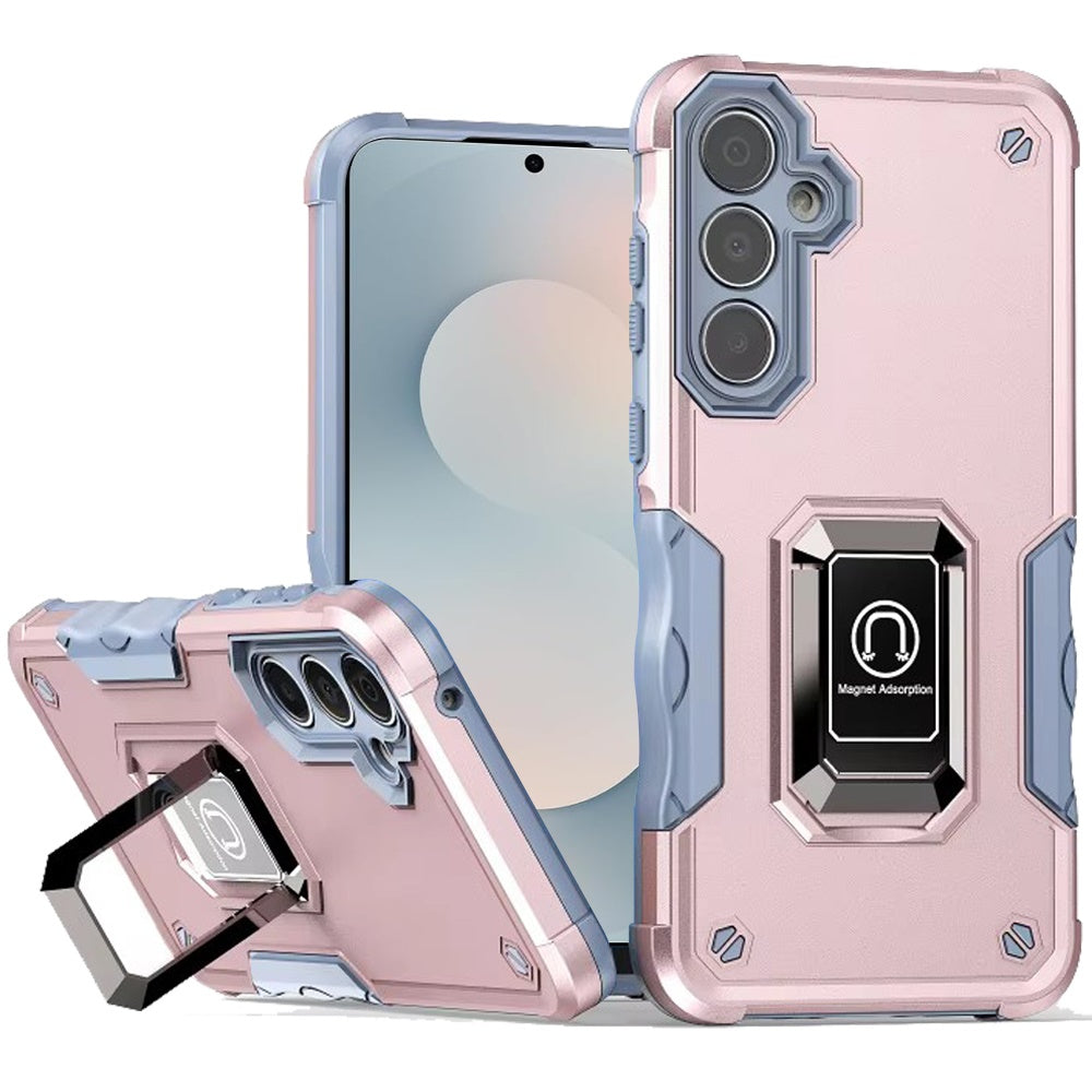 For Samsung Galaxy S25 FE, S25 Fan Edition Hybrid Stand Magnetic Ring Holder Kickstand Heavy Duty Rugged Drop Silicone & Hard PC Shockproof Case Cover Rose Gold
