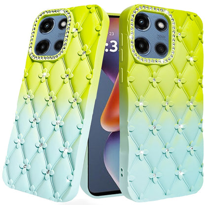 For Motorola Moto G 5G 2026/2025 Fashion Flower Design Sparkle Glitter Shimmer Rhinestone Bling Floral Accents, Leather Texture TPU Case Cover Light Green/Teal