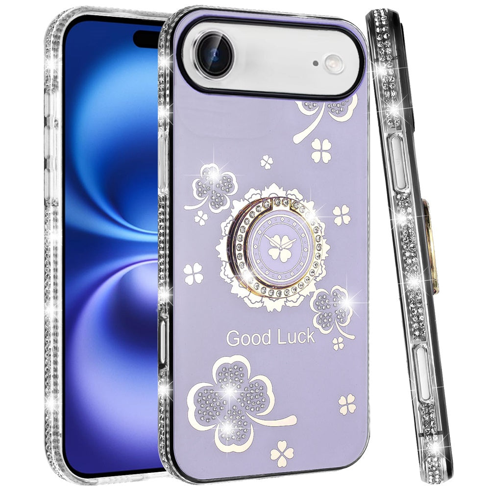 For Apple iPhone 17 Air (6.6") Diamonds Bling All Around Edges Sparkly Glitter Hybrid with Ring Stand Holder Fashion Good Luck Case Cover