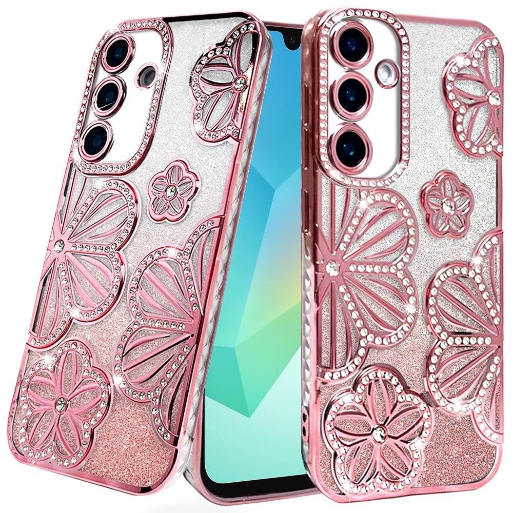 For Samsung Galaxy A16 5G Luxury Flower Design Sparkle Glitter Diamond Rhinestone Shimmer Bling Plating Thick TPU Hard PC Case Cover Gold