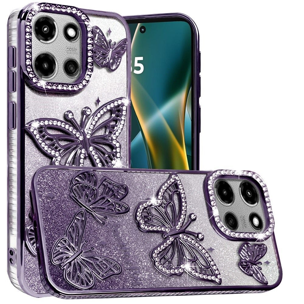 For Motorola Edge 2025 Luxury Butterfly Sparkle Glitter Diamond Crystal Rhinestone Shimmer Bling Plating Thick TPU Hard PC Case Cover