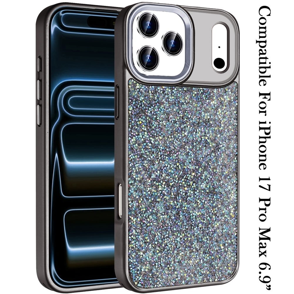 For Apple iPhone 17 Pro Max (6.9") Crystal Sparkle Diamond Glass Full Mini Glitter Bling Frame TPU Hybrid Protective Case Cover Red