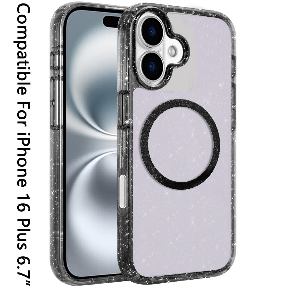 For Apple iPhone 16 Plus (6.7") Transparent Glitter Bling Sparkly Shiny Case Hybrid Magnetic Circle Compatible with MagSafe Shockproof Case Cover
