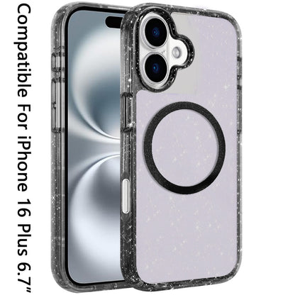 For Apple iPhone 16 Plus (6.7") Transparent Glitter Bling Sparkly Shiny Case Hybrid Magnetic Circle Compatible with MagSafe Shockproof Case Cover