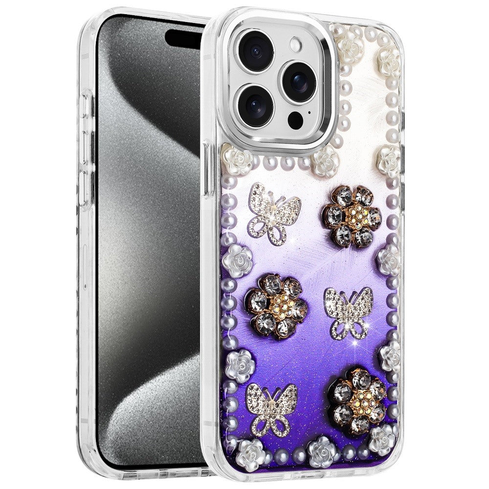For Apple iPhone 13 Pro Max Bling Fashion Design with 3D Pearls Epoxy Glitter Ornaments Chrome Edge Hard Slim PC Case Cover