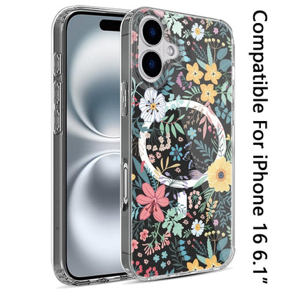 For iPhone 16 (6.1") Hybrid Flower Design Stylish Fashion Case, MagSafe Compatible, Thick Shockproof Hard PC Case Cover Wildflower