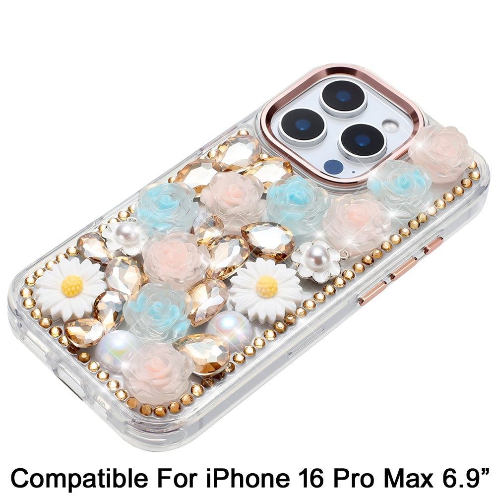 Phone Case for Apple iPhone 16 Pro Max Full Bling Rhinestone Glitter Floral Luxury Hybrid Shockproof Stylish Sparkling Protective Designer Ornament Cover