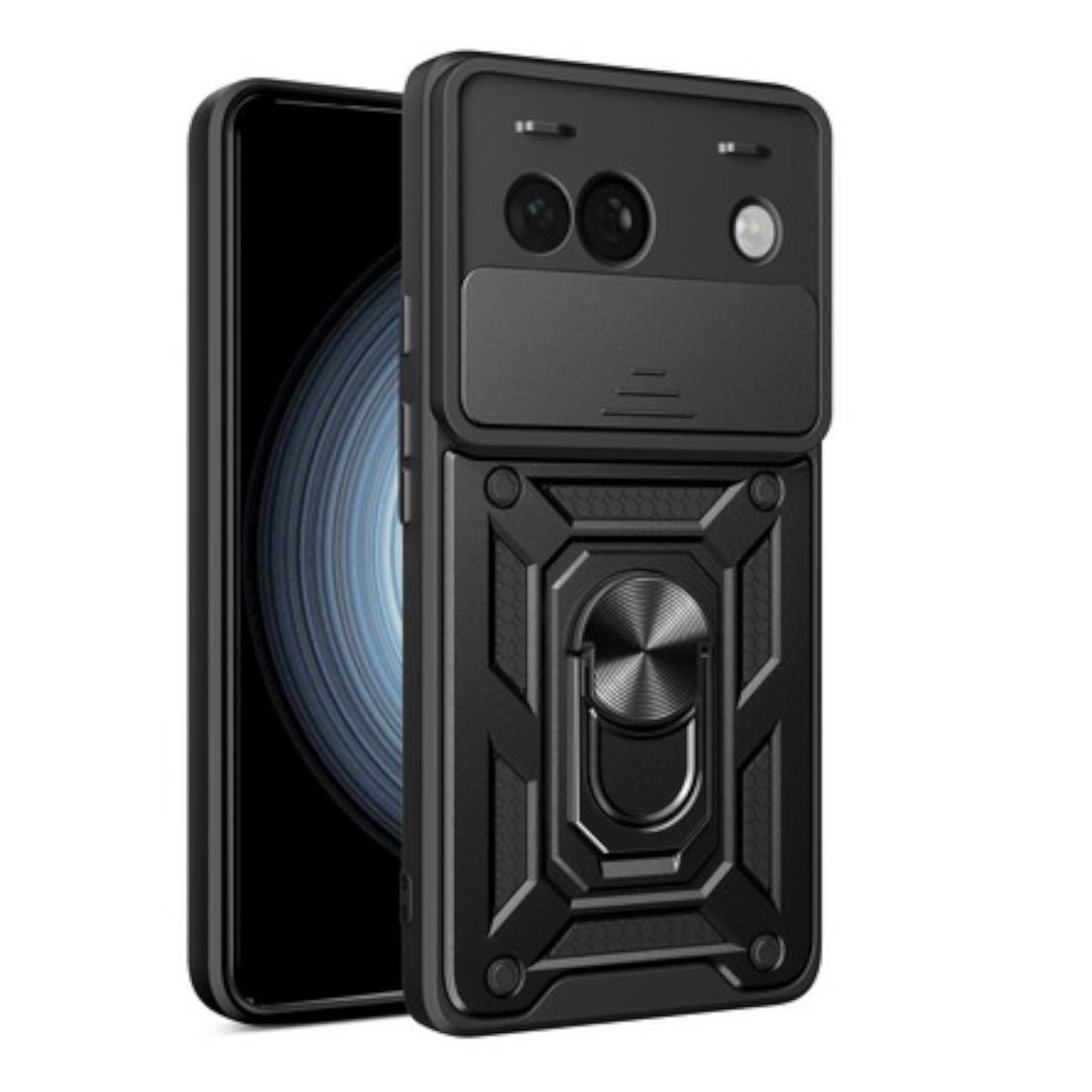 For Google Pixel 9A Hybrid Shockproof, Built-in Sliding Camera Lens Protection with Magnetic Finger Ring Stand Holder Case Cover