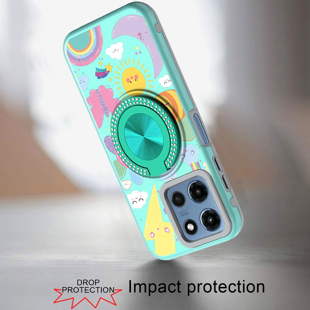 For Motorola Moto G Play 5G 2026 Pattern Design Hybrid with Invisible Ring Stand & Magnetic Back, Shockproof Protective Grip Case Cover