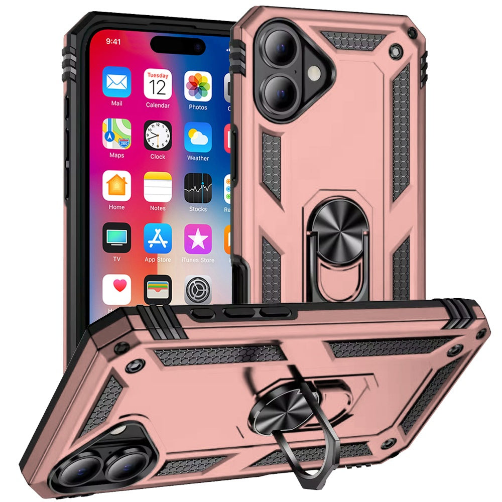 For iPhone 16 (6.1") Hybrid Shockproof Durable 360 Degree Rotatable Ring Stand Holder Kickstand Fit Magnetic Car Mount Case Cover Rose Gold