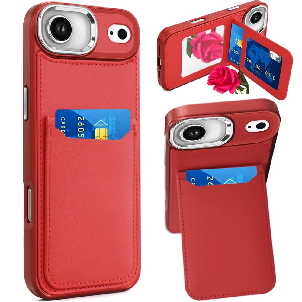 For Apple iPhone 17 Air (6.6") PU Leather Wallet Cover with Credit Card Holder, Kickstand & Mirror Inside Slim Fit TPU & PC Hybrid Design Case Cover