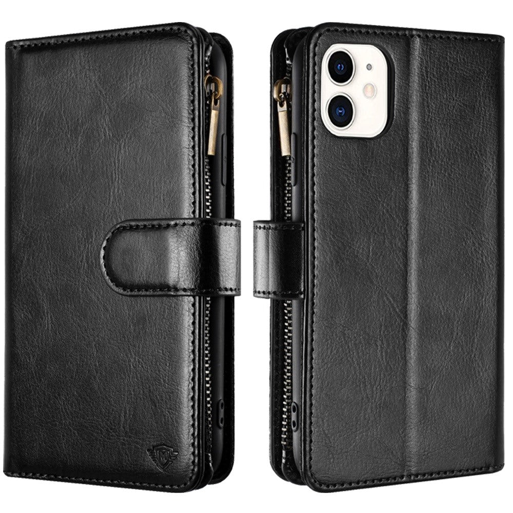 For Apple iPhone 16 Pro Max (6.9") Premium Leather Zipper Wallet with Credit Card Slots Money Pocket Luxury Clutch Pouch Stand & Strap Case Cover Black