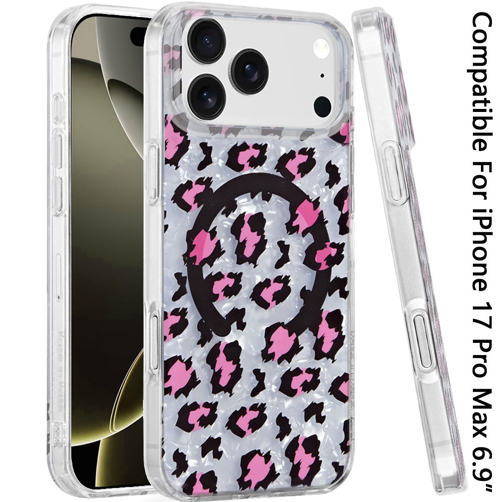 For Apple iPhone 17 Pro Max Stylish Pattern Fashion IMD Printed Design TPU Double Layer Slim Shockproof with Magnetic Back Case Cover Pink Leopard Skin