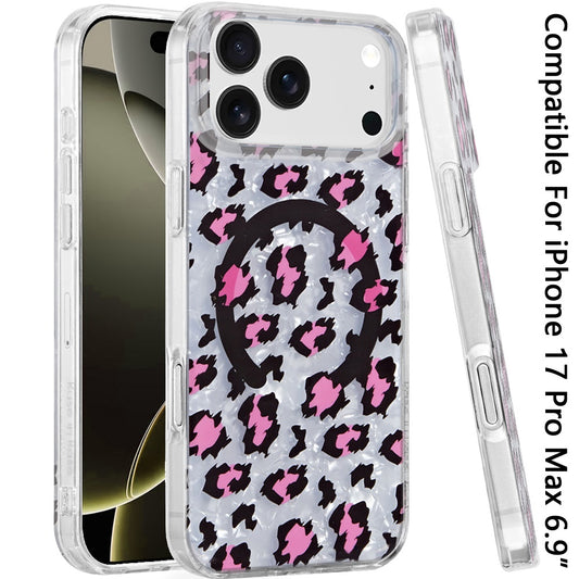 For Apple iPhone 17 Pro Max Stylish Pattern Fashion IMD Printed Design TPU Double Layer Slim Shockproof with Magnetic Back Case Cover Pink Leopard Skin