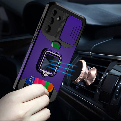 Wallet Case with Ring Stand & Slide Camera Cover Back Credit Card Slot Holder, Military Grade