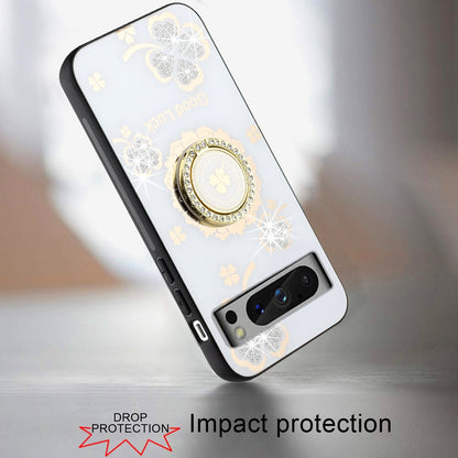 For Samsung Galaxy Z Flip 7 FE Diamonds 3D Fashion Floral Bling Sparkly Glitter Ornaments Engraving Hybrid with Ring Stand Case Cover White Good Luck Floral