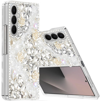 For Samsung Galaxy Z Fold 7 Fashion Rose Flower Floral Bling Crystal 3D Full Diamonds Pearl Sparkle Rhinestone Glitter Hybrid Case Cover