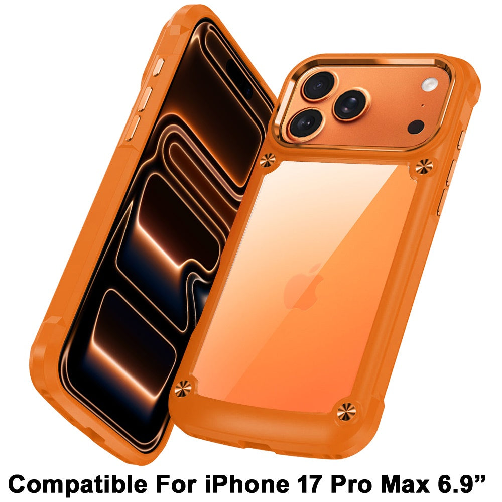 Phone Case for Apple iPhone 17 Pro Max (6.9") Transparent Hybrid Metal Button Camera Edge Shockproof Bumper Frame TPU Protective Slim Grip Durable Cover Cosmic Orange