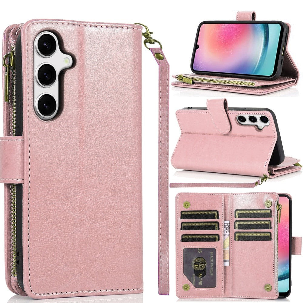For iPhone 14 Pro Max (6.7") Leather Wallet Case with Zipper, 9 Card Slots, Cash Pocket, Stand & Strap, Clutch Pouch Design Case Cover Rose Gold