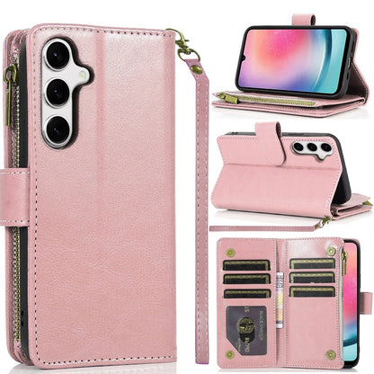 For iPhone 14 Pro Max (6.7") Leather Wallet Case with Zipper, 9 Card Slots, Cash Pocket, Stand & Strap, Clutch Pouch Design Case Cover Rose Gold