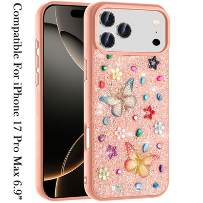 For Apple iPhone 17 Pro Max (6.9") Diamond Butterfly 3D Glitter Bling Design, Slim Hybrid Sparkle Protective Cover TPU for Women Girls Case Cover