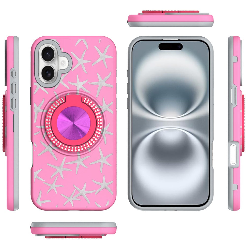 For Apple iPhone 16 (6.1") Pattern Design Hybrid with Invisible Ring Stand & Magnetic Back, Shockproof Protective Grip Case Cover