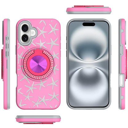 For Apple iPhone 16 (6.1") Pattern Design Hybrid with Invisible Ring Stand & Magnetic Back, Shockproof Protective Grip Case Cover