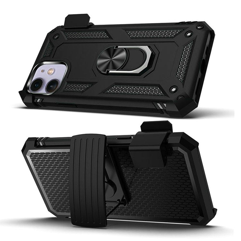 For Apple iPhone 17E /16E Hybrid Combo Belt Clip Holster with Ring Stand Holder, Military Grade Fit Magnetic Car Mount Shockproof Case Cover Black