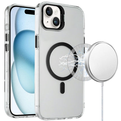 For Apple iPhone 15 Transparent Hybrid Magnetic Circle with Camera Lens Kickstand, Shockproof Slim TPU PC Case Cover