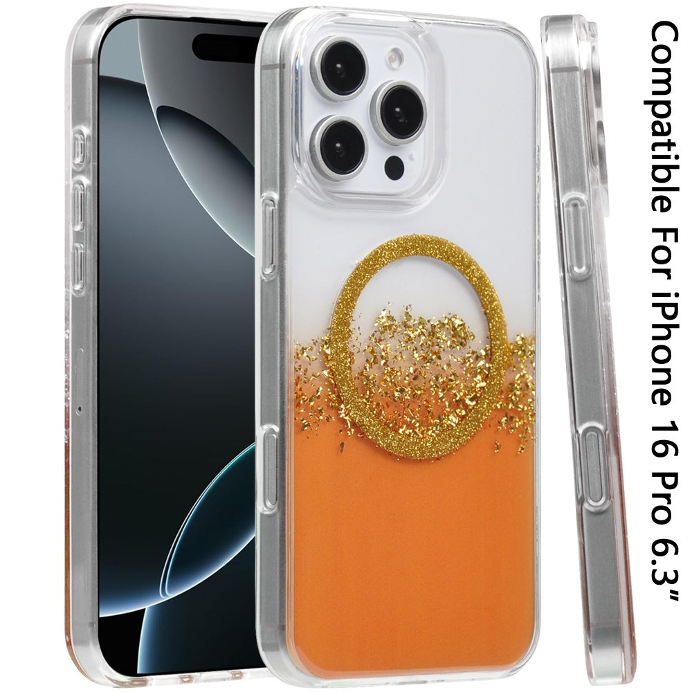 For Apple iPhone 16 Pro (6.3") Transparent Epoxy Glitter Magnetic Circle Compatible with MagSafe Hybrid Bling Sparkle Hard PC Slim TPU Case Cover