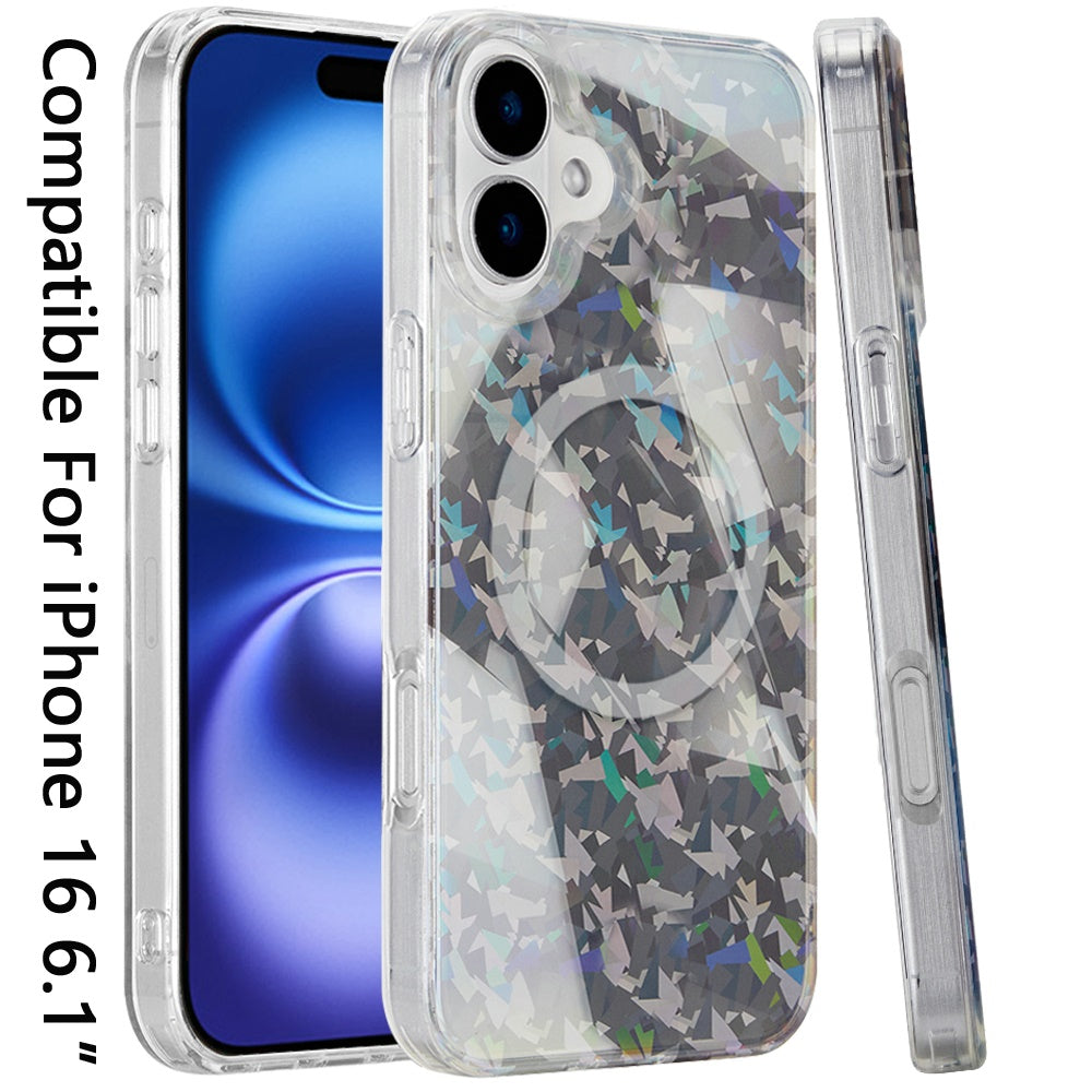 For iPhone 16 (6.1") Premium Double Layer IMD Magnetic Hybrid Shockproof Protection Durable Anti Scratch Secure Grip Slim Design Compatible Case Cover Smoke Diamond Holographic
