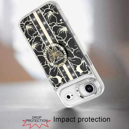 For Apple iPhone 17 Air (6.6") Diamonds 3D Butterfly Floral Design Bling Sparkly Glitter Hybrid Metal Fashion with Ring Stand Case Cover