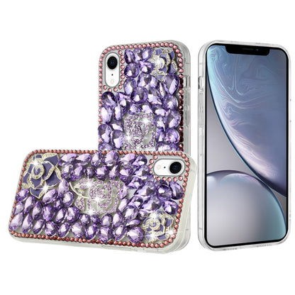 Phone Case for Apple iPhone XR 3D Floral Diamond Bling Glitter Luxury Sparkle Hybrid Stylish Rhinestone Shockproof Protective Designer Cover Purple