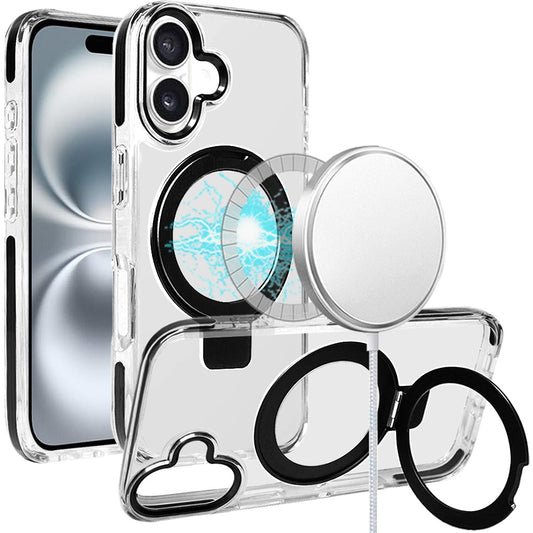 For Apple iPhone 16 Pro (6.3") Hybrid Transparent Circle Back Ring Kickstand [Compatible with MagSafe] Shockproof Color Frame Bumper Case Cover