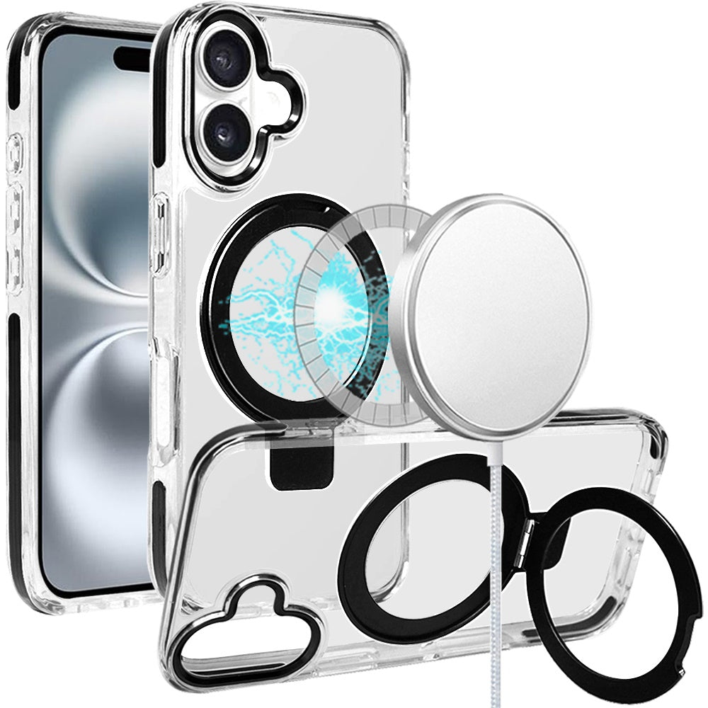 For Apple iPhone 16 Pro Max (6.9") Hybrid Transparent Circle Back Ring Kickstand [Compatible with MagSafe] Shockproof Color Frame Bumper Case Cover