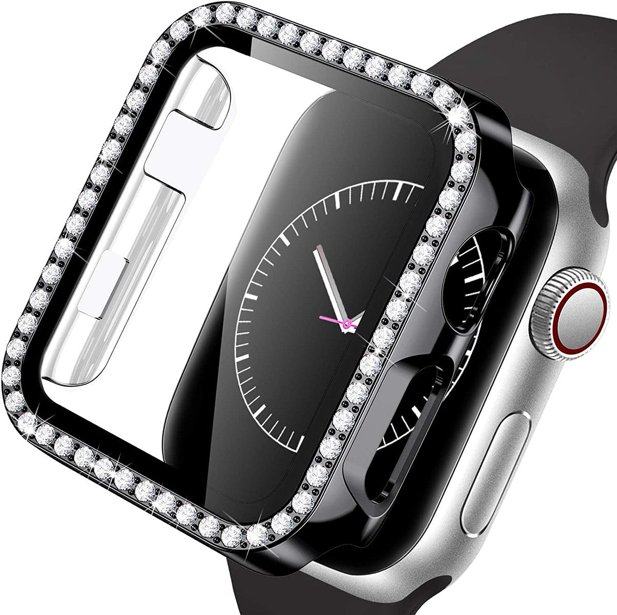 For Apple Watch Size 42mm Luxury Bling Cover Diamond Electroplate Rhinestone Bumper Protective Frame with Tempered Glass Screen Protector Case Cover