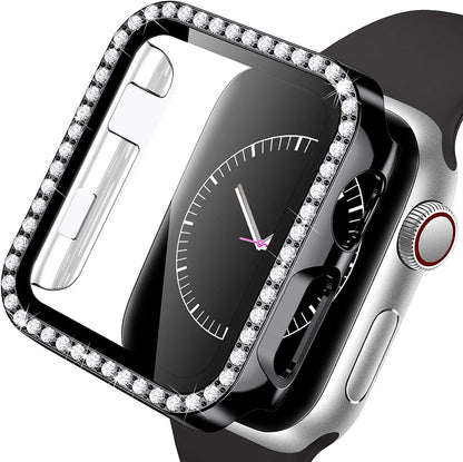 For Apple Watch Size 46mm Luxury Bling Cover Diamond Electroplate Rhinestone Bumper Protective Frame with Tempered Glass Screen Protector Case Cover
