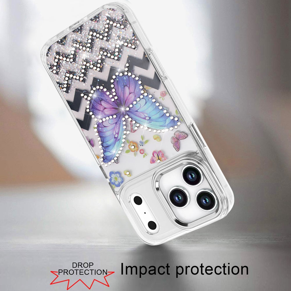 For Samsung Galaxy A57 Butterfly Resin Epoxy Diamond Design Metal Edged Hybrid Shockproof Heavy Duty Drop Protection Case Cover