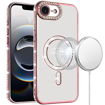 For Apple iPhone 16e Bling Case with Diamond Magnetic Circle, Transparent Slim Shockproof Hybrid Slim Fit Case Cover