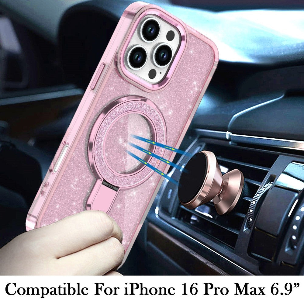 For iPhone 16 Pro Max (6.9") Transparent Glitter Bling Case with Rotating Magnetic Ring Stand, Shockproof Hybrid Protector Light Pink