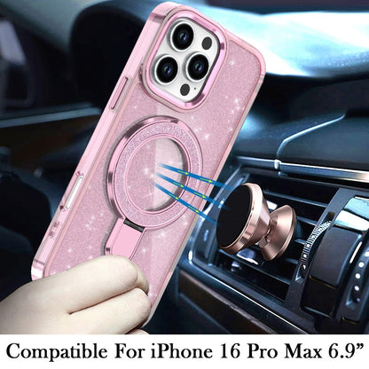 For iPhone 16 Pro Max (6.9") Transparent Glitter Bling Case with Rotating Magnetic Ring Stand, Shockproof Hybrid Protector Light Pink